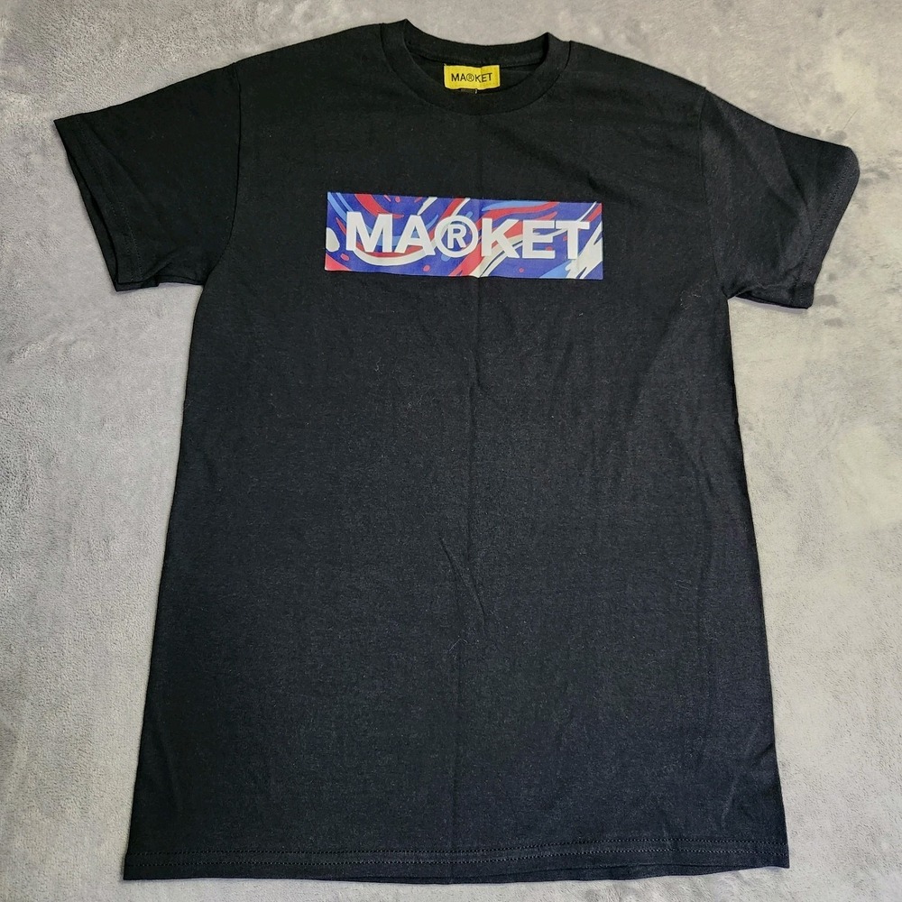 New Market Brand Graphic T-Shirt Men's Small Black Red Blue Box Logo PacSun S